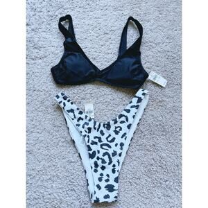 NWT Aerie Bikini XS SET Scoop Top Cheeky Bottoms Swim Black White Pool Resort